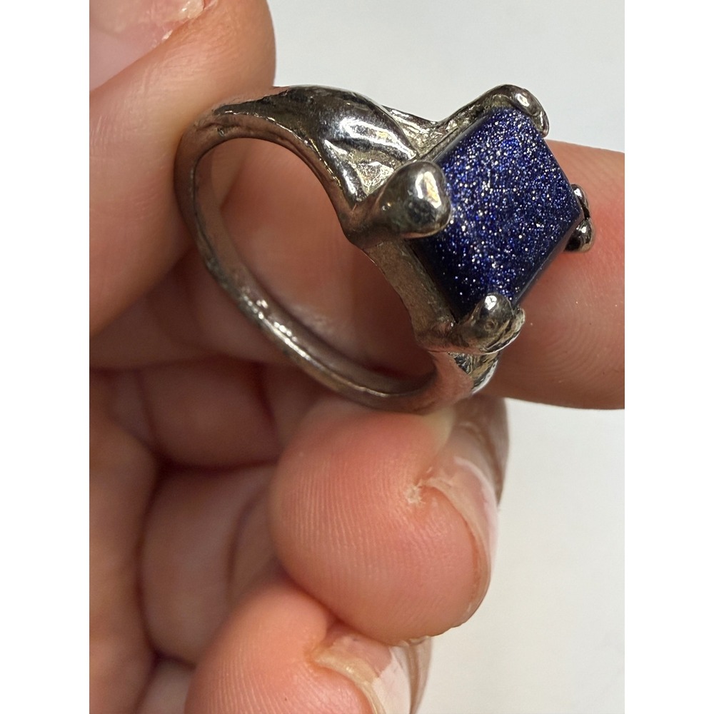 Vintage Blue Goldstone Sandstone Ring Rectangular Silver Tone Statement Sz 7.25